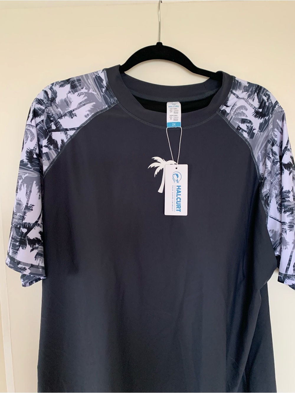 Women's 2x Plus Size Black Rash Guard Swim Top and Boy Shorts Palm Print Sleeve